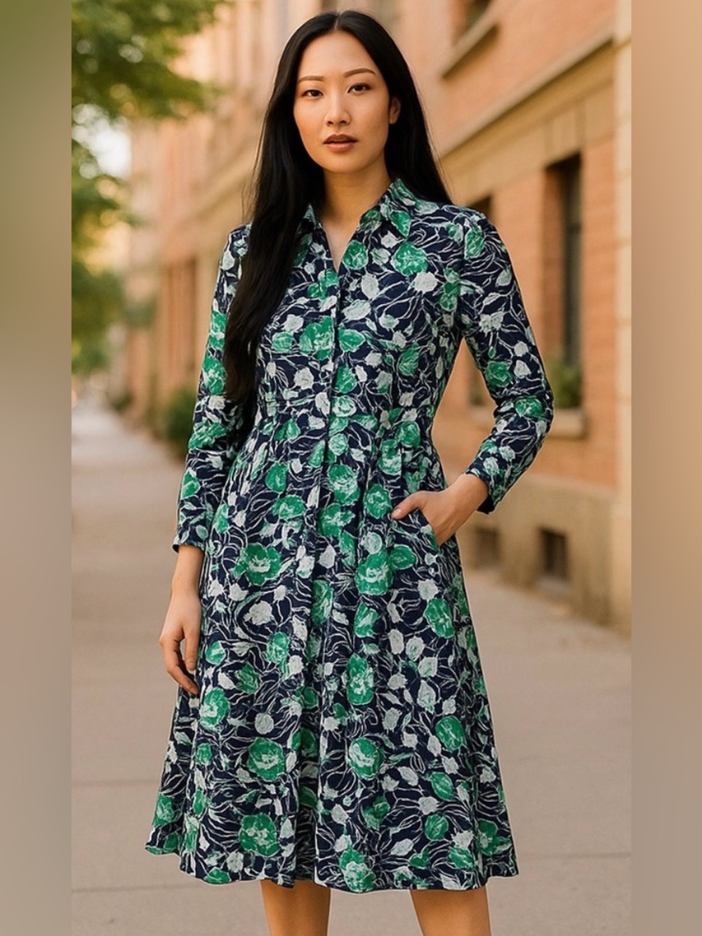 Charter Club Navy Floral Button-Front Fit & Flare Dress with Green Accents